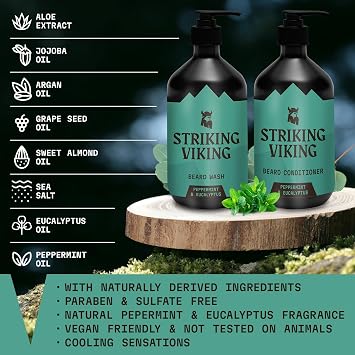 Striking Viking Beard Wash & Conditioner - 20 fl oz, Peppermint & Eucalyptus - Deep Clean & Itch Relief Beard Shampoo and Conditioner for Men - Hydrating Jojoba Facial Oil Treatment