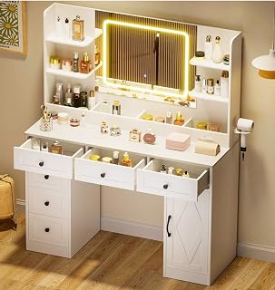 COMHOMA Makeup Vanity Desk with Mirror and Lights, Large Vanity Table with 6 Drawers & 1 Storage Cabinet, White Bedroom Dresser Table for Girls, 3 Color Modes Adjustable Mirror, White - Amazon product rated Grade A