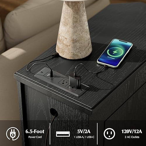 Miniatura 6 de Mesita de noche con estación de carga, mesa auxiliar de madera vintage con 3 cajones, mesa auxiliar estrecha Victoria, mesitas de noche delgadas