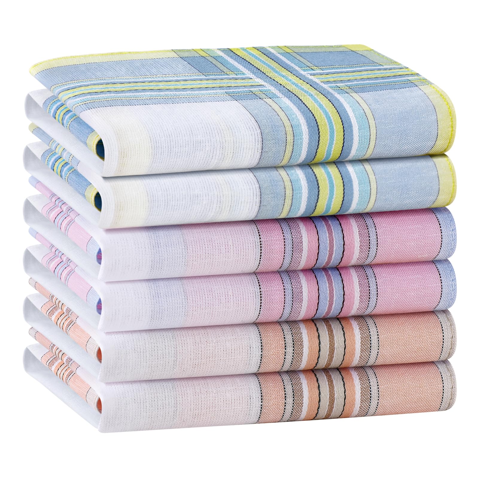 HOULIFE Ladies 100% 60S Combed Cotton Handkerchiefs Womens Soft Stripe Checkered Pattern Coloured Plaid Hankies for Wedding Party 6/12 Pieces 28x28cm