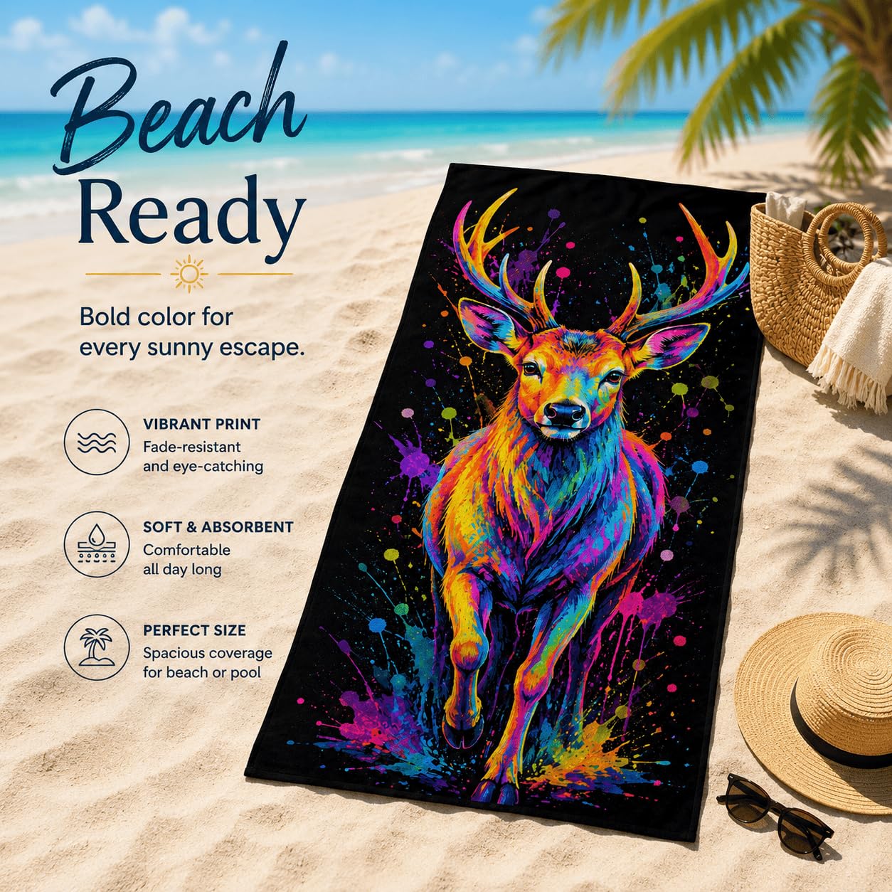 Telo Mare Microfibra Cervo Colorato Asciugatura Rapida | Asciugamano da Spiaggia Cervo Astratto, 145x200 cm, Assorbente, Accessori Mare, per Palestra Viaggio