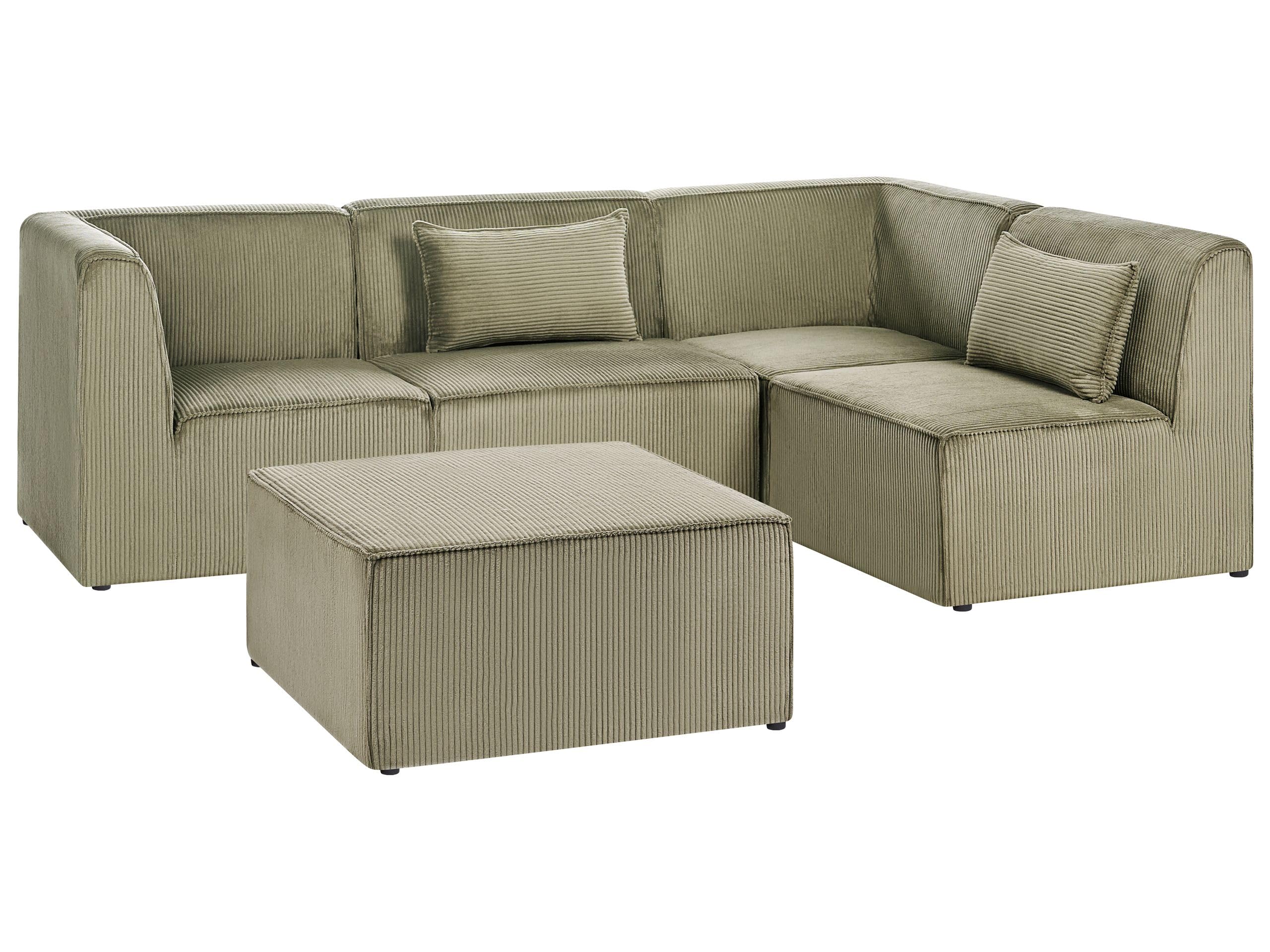 Sofa narożnik lewostronny modułowa 4-osobowa kanapa z otomaną sztruksowa zielony Lemvig