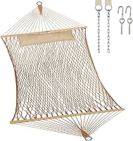 JoyView Hand-Woven Cotton Rope Double Hammock with Hardwood Spreader Bar & Pillow - 450lb Capacity, Brown for Patio Yard Indoor Outdoor