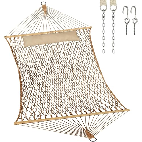 JoyView Traditional Rope Double Hammock - Hand Woven Cotton Hammock with Hardwood Spreader Bar and Pillow 450lb Capacity for Outdoor Indoor Patio Yard - Brown