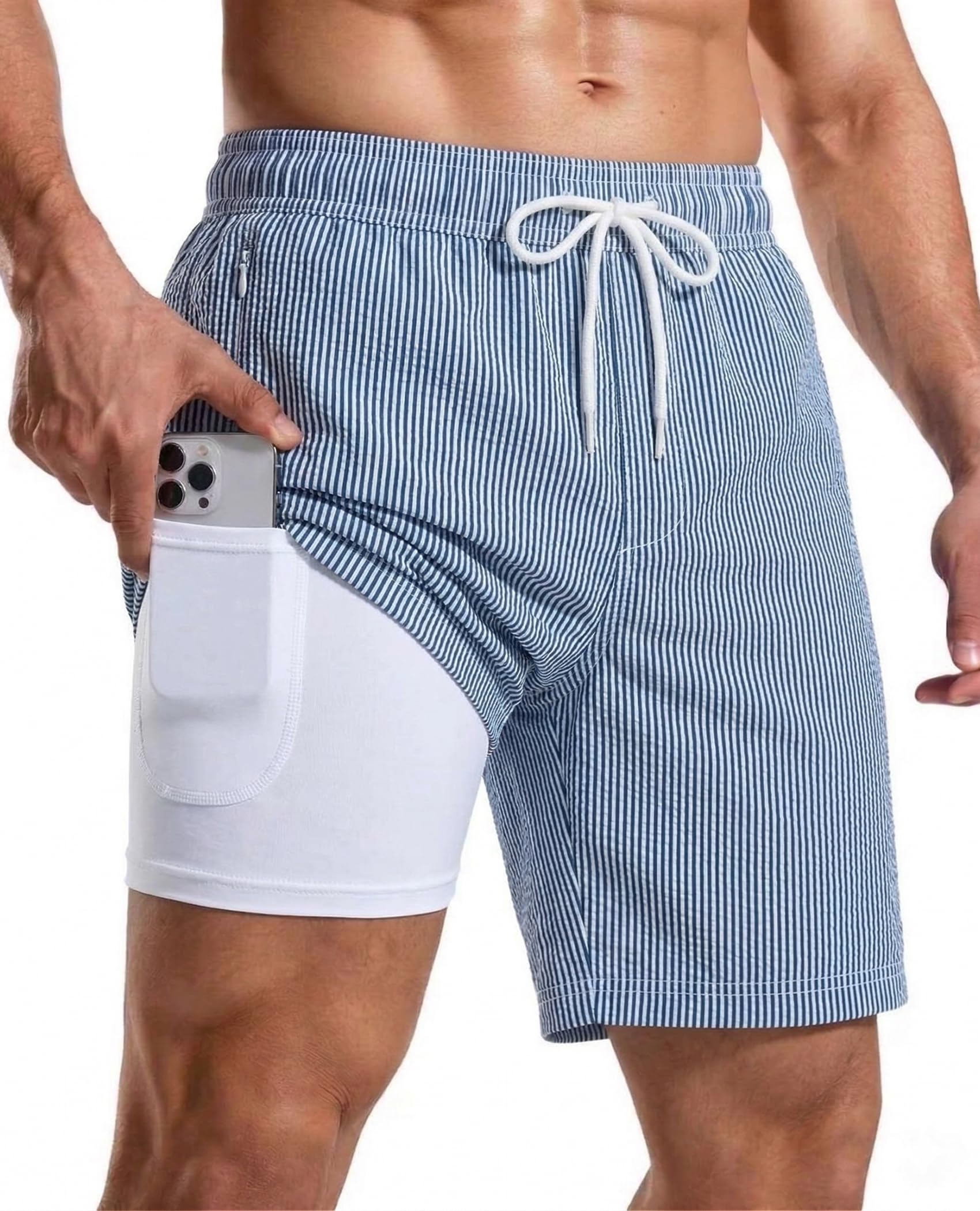 CoozySphere Men's Swimming Trunks with Compression Liner 2 in 1 Swim Shorts with Zipper Pockets Quick Dry Stretch