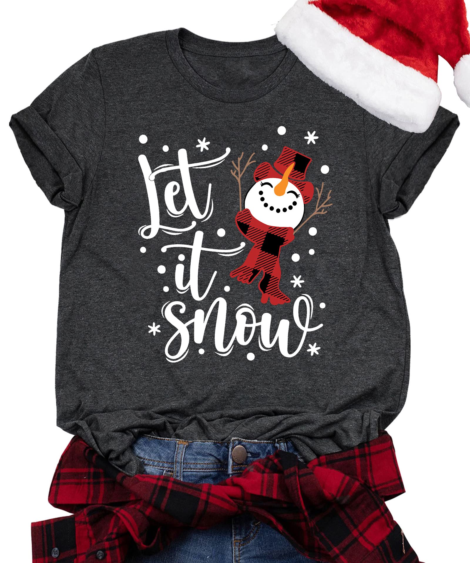 LHBNKChristmas Shirts for Women Let It Snow Christmas T Shirt Funny Snowman Graphic Tees Casual Holiday Tops