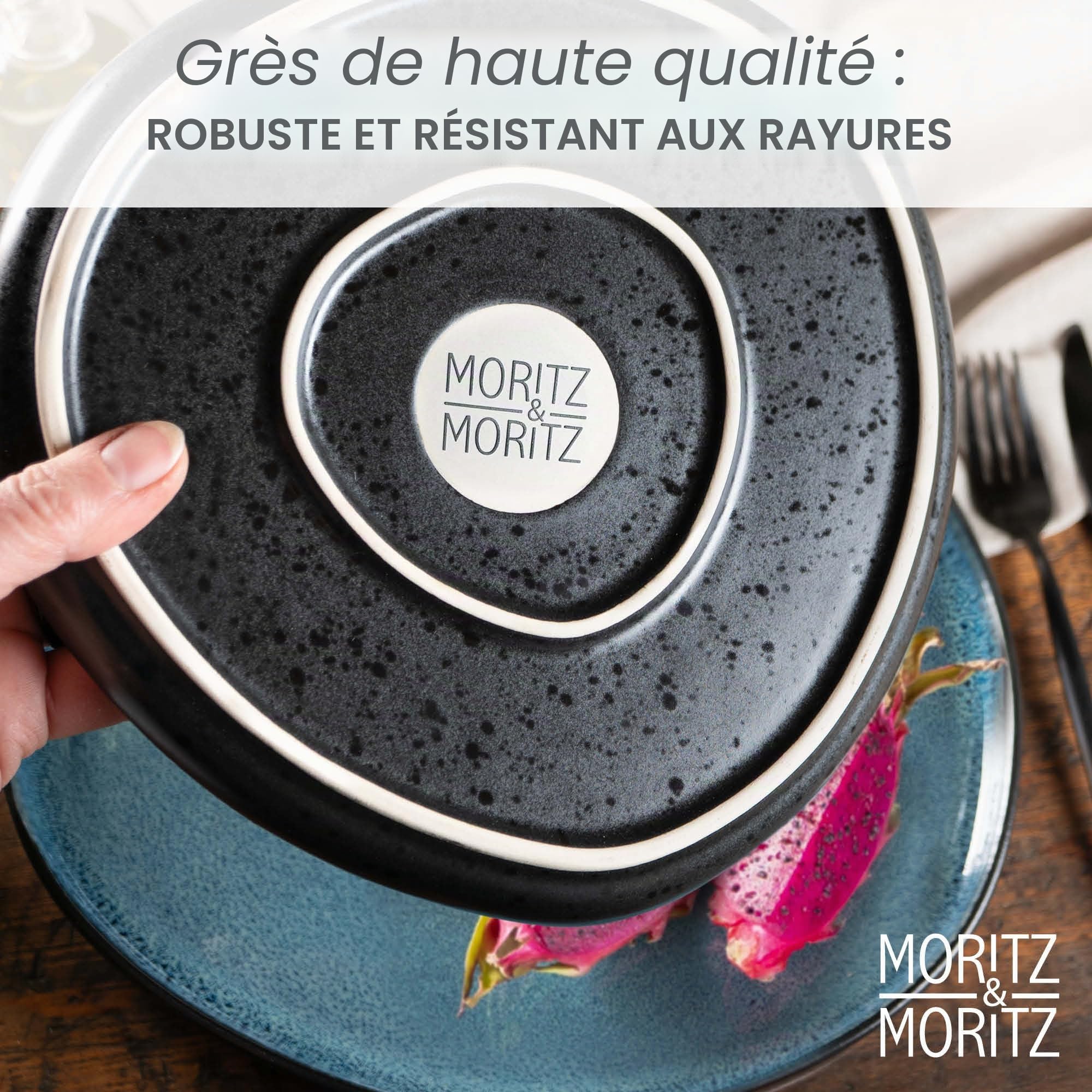 Moritz & Moritz ORGANIC Service de vaisselle 18 pièces 6 personnes Bleu - Élégant set de vaisselle en grès de haute qualité - Service de vaisselle 6 personnes avec 6 assiettes à dîner, 6 assiettes à