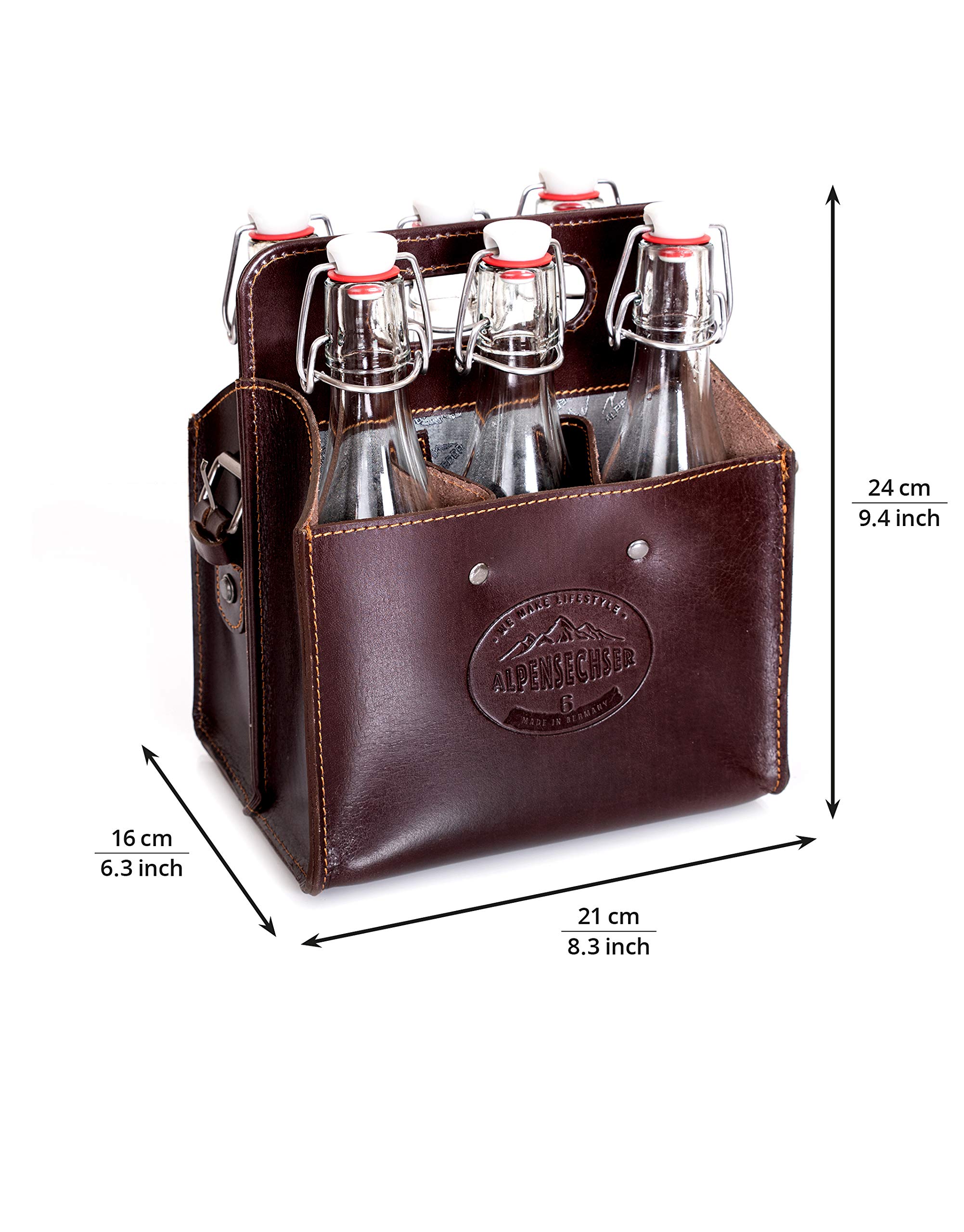 Alpenleder Flaschenträger - ALPENSECHSER (Handgefertigt) - Nachhaltiges Bio-Leder aus regionaler Landwirtschaft | Flaschentasche, Flaschenträger 6 Flaschen *Fair Produziert* (20x15x25cm, Wine)