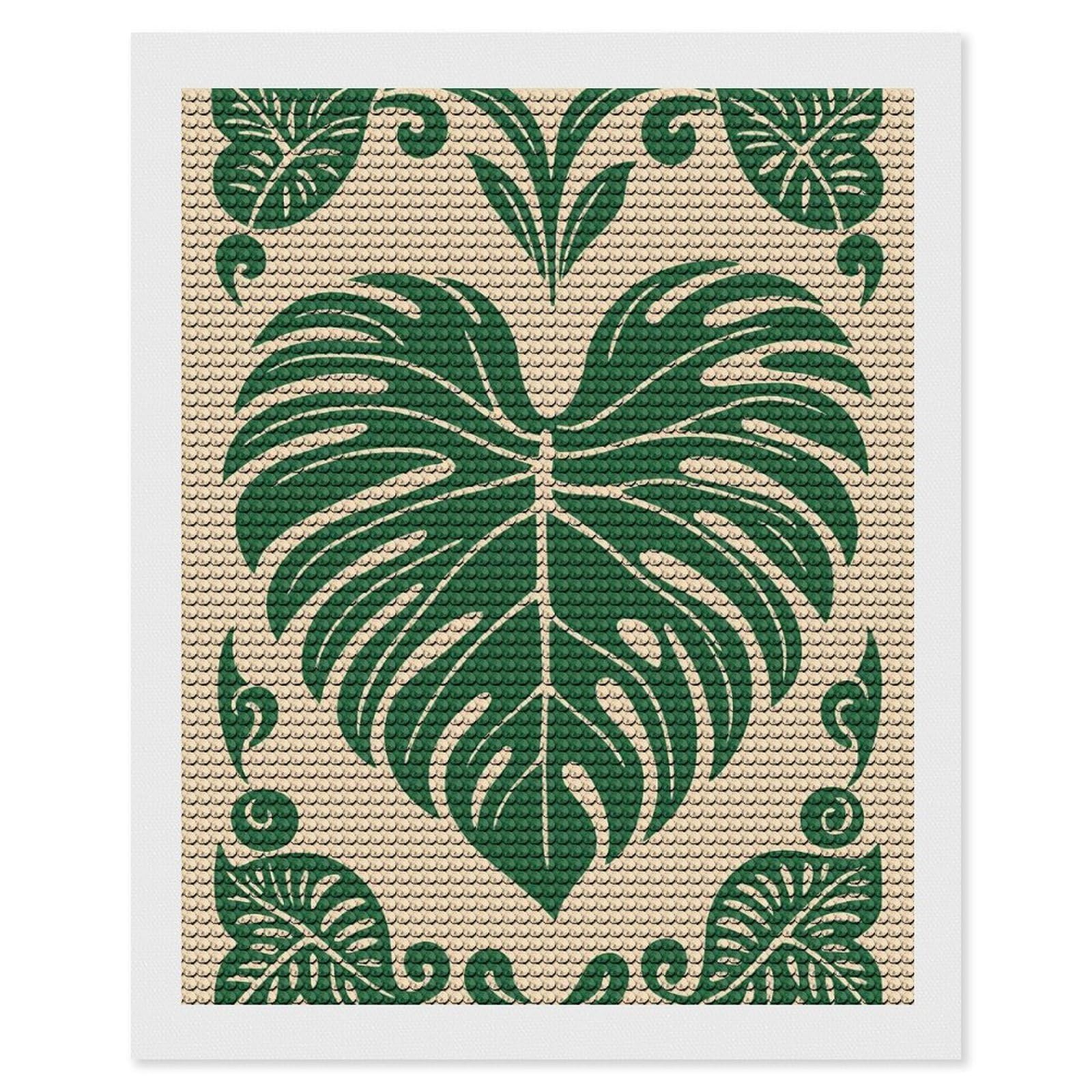 Junmoney Monstera Leaf Green Beige Illustration Diamond Art Canvas 16"x20", for Family Craft Time, Creative Leisure Activity, Living Room Decor, Festive Craft Gift