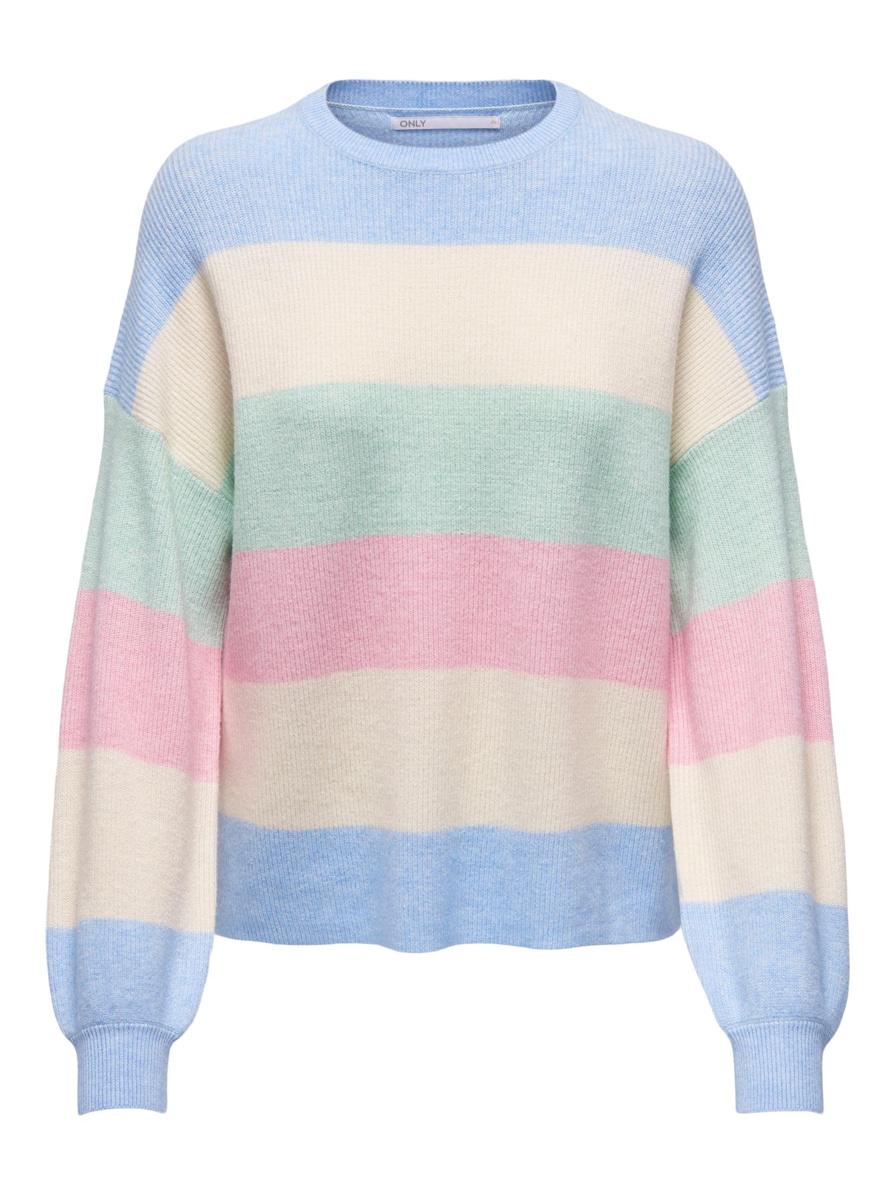 Only Women's Kentucky Blue/Stripes: White Cap Mel/Surf Sp Mel/Light P Mel Onlatia Knt Noos L/S Stripe Pullover Sweater, /Whitecap/Surf, M