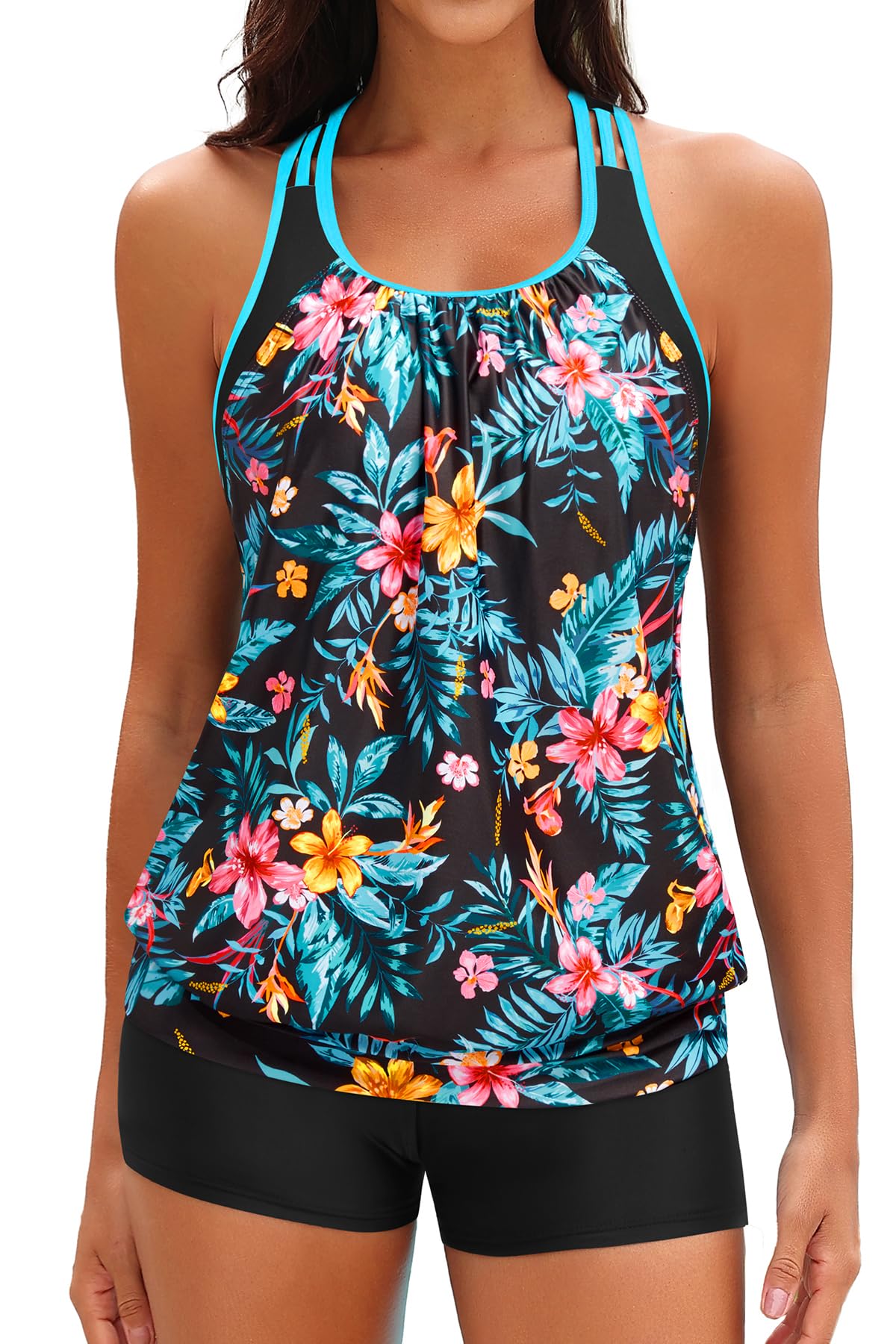 Yonique Two Piece Tankini Swimsuit T-Back Blouson Tankini with Shorts
