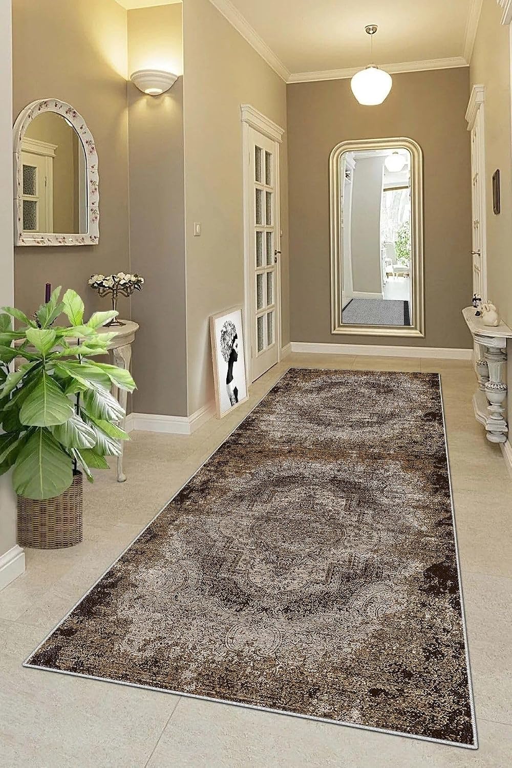 Pelangi Osmanlı Motifler Desenli Etnik Dijital Baskı Yıkanabilir Kaymaz Taban Eskitme Salon Halı ve Yolluk, Turuncu-Bej 80 x 150, 955568411801507