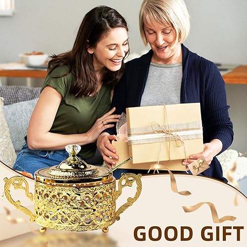 Miniatura 5 de Flylin Azucarero, azucarero turco con tapa y cuchara para galletas de caramelo, miel, tarro de condimentos de vidrio vintage dorado para el hogar y