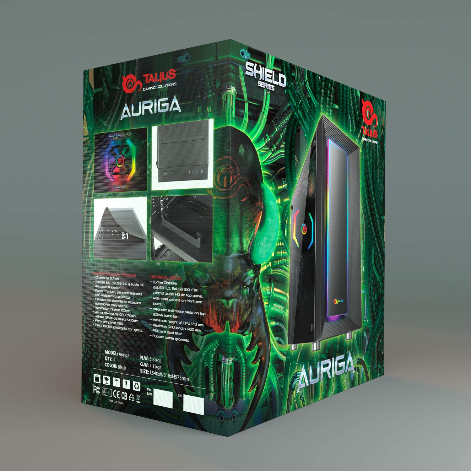 TALIUS Auriga. Caja Gaming Negra. Caja PC Gamer Incluye 1 Ventilador ARGB, Pc de Juego de Torre ATX de crital Templado.