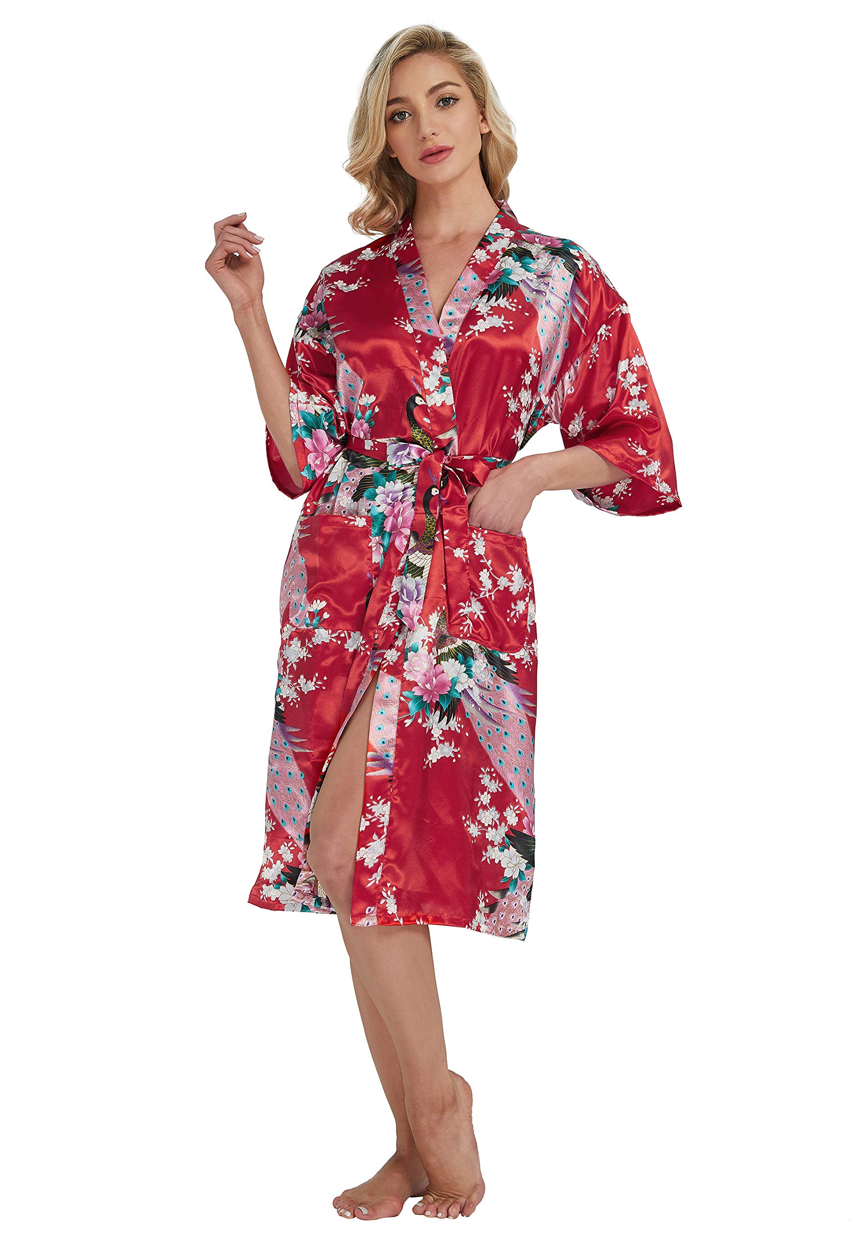 Westkun Kimono Japones Mujer Albornoz Vestido de Satén Pavo Real Novia Pijamas Largo Sexy y Elegante de Seda Bata Camisón Robe Lencería Cardigan