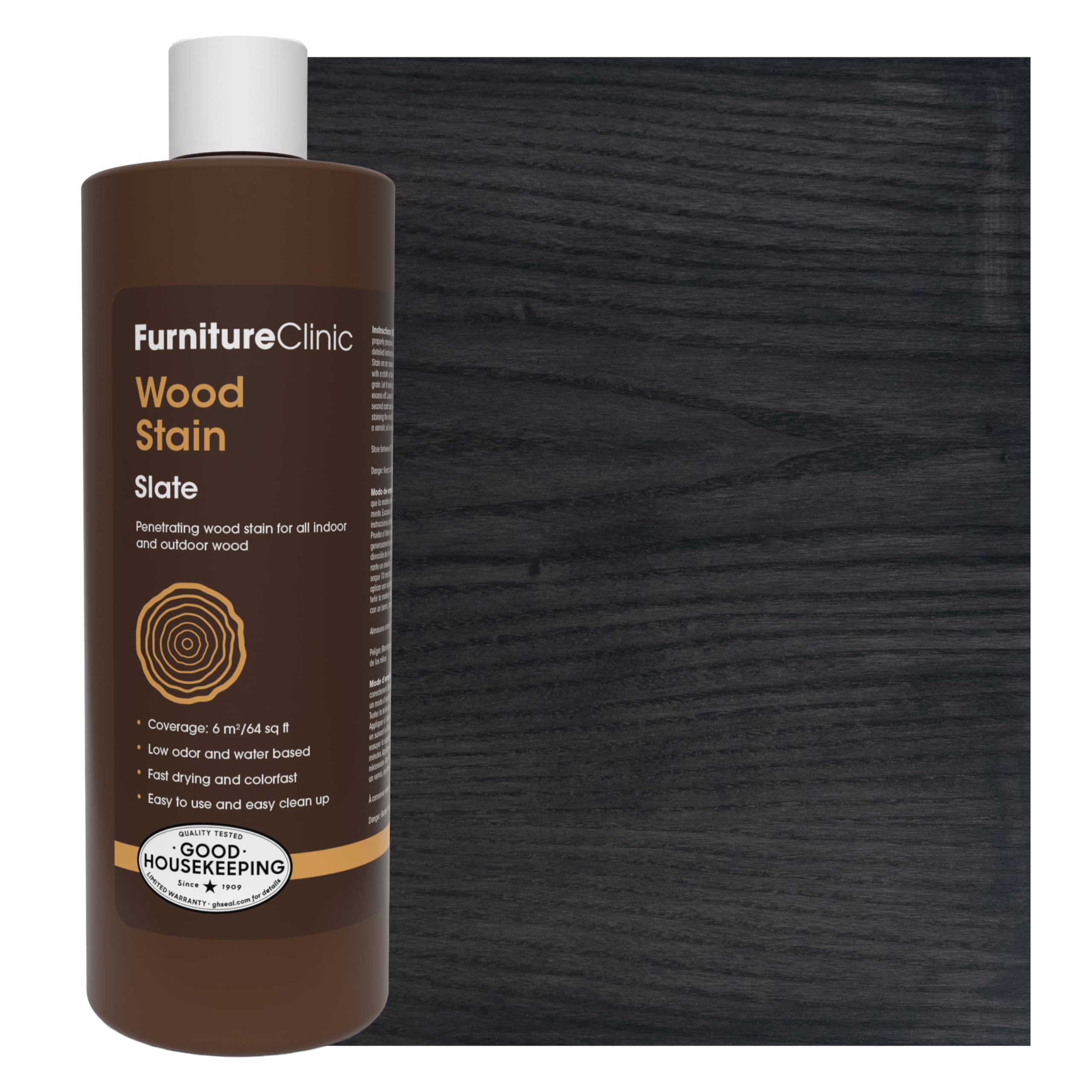 Furniture Clinic Wood Stain | Slate | Water Based | Fast Drying, Low Odor, & Non-Toxic | for Indoor & Outdoor Furniture and More | Multiple Finishes | (17oz / 500ml)