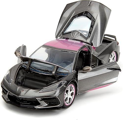 Miniatura 5 de Pink Slips 1:24 W2 2020 Chevy Corvette Stingray - Auto fundido a presión con base, juguetes para niños y adultos (gris metálico/rosa)