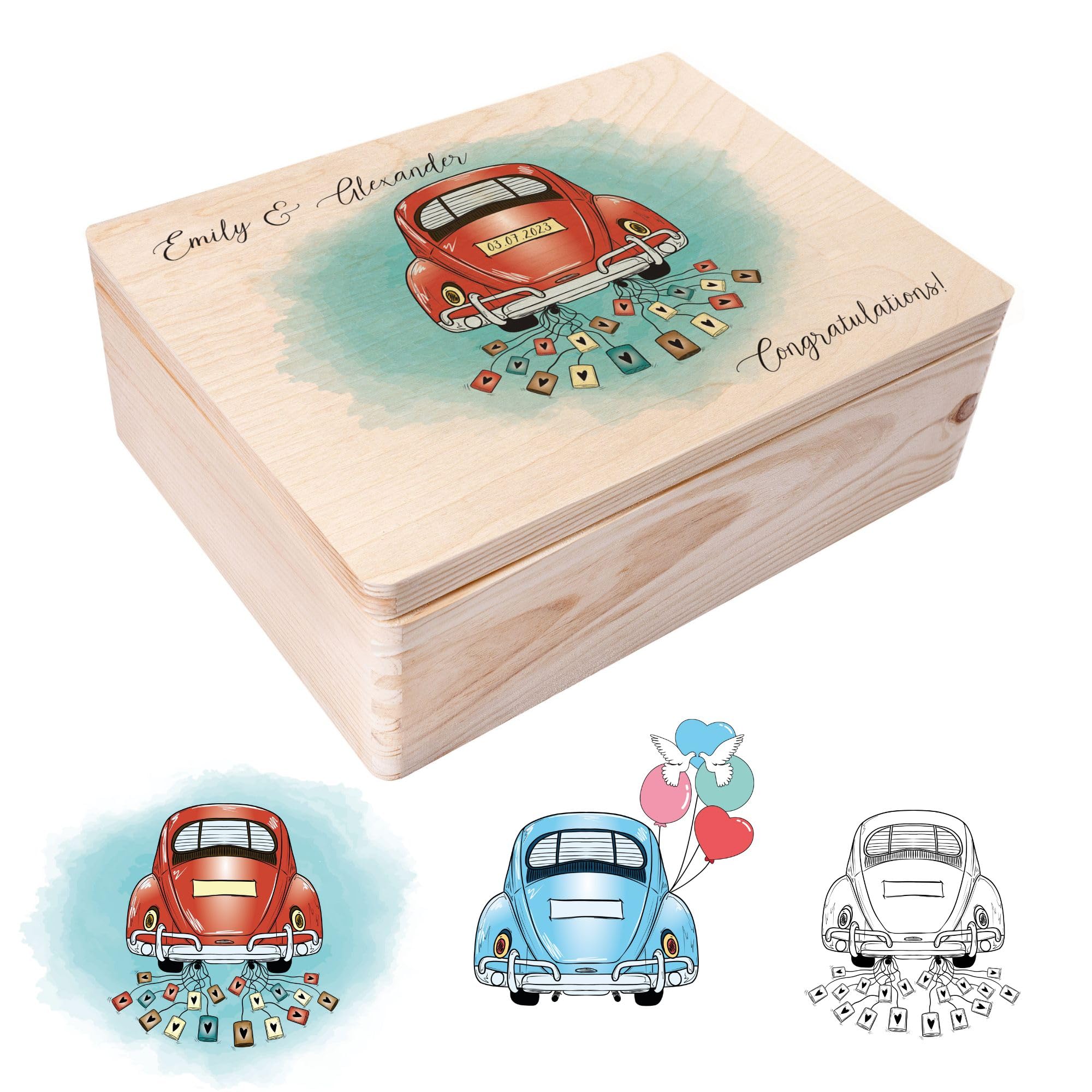 Creative Deco Cadeau de Mariage Personnalisé - Voiture | Boîte à Souvenirs de Mariage | Coffret Cadeaux Personnalisable Jeunes Mariés/Couple | Boîte en Bois