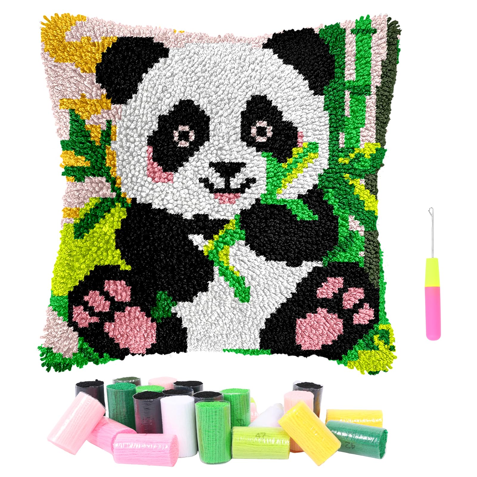 Latch Hook Cushion Kit 17x17Inch Cute Animal Pattern Pillow Cover Pre-Printed DIY Embroidery Rug Kit with Yarn&Tools Handmade Cross-Stitch Set for Adults Kids Beginners Home Decoration (Panda)