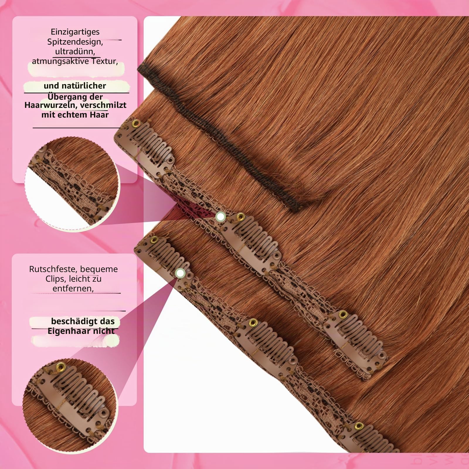 YoungSee Clip in Extensions Echthaar Kupfer,Clip in Extensions Glattes,Clips Hair Extension Menschliches fur Damen,45 cm,120g,7 Stücke,330