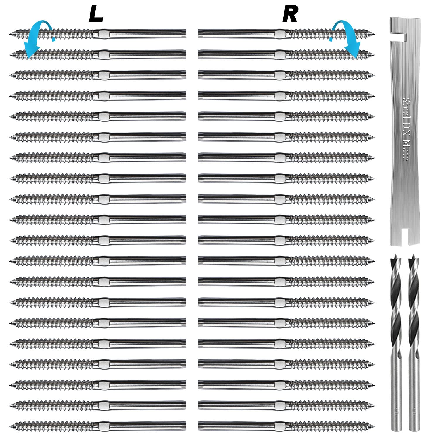 Free Shipping 🛒 Steel DN Mate 40 Packs T316 Stainless Steel Right&Left Handed Thread Swage Lag Screws for Wood Post of 1/8 Steel Cable Railing Kit, Cable Railing Hardware, DIY Wood Baluster, Wrench Included