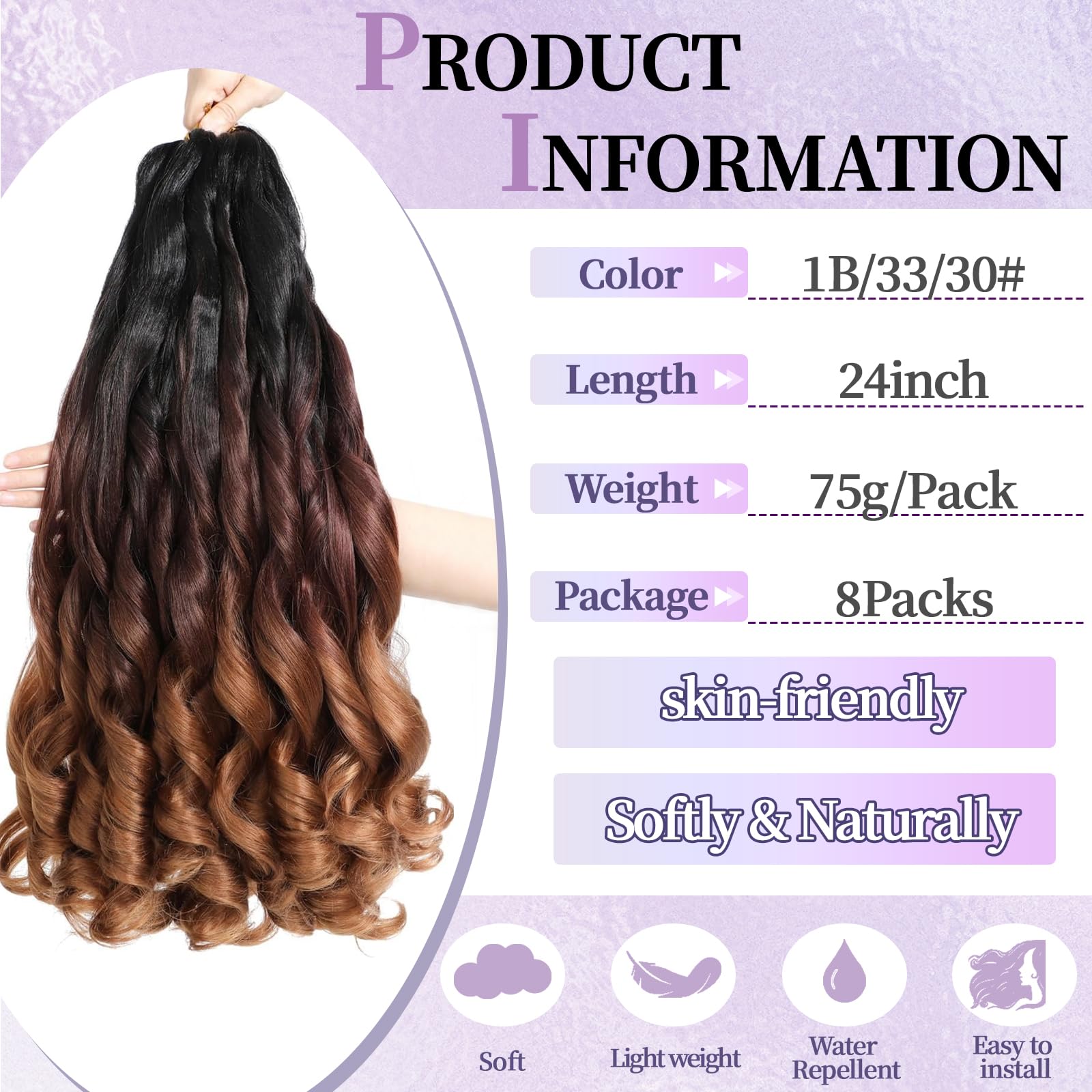Locescsoc 24 Inch French Curls Braiding Hair 8 Packs Spanish Curly Braids Pre Stretched Loose Wave Soft French Curl Synthetic Braiding Hair Extensions for Women (1B/33/30 - Image 2