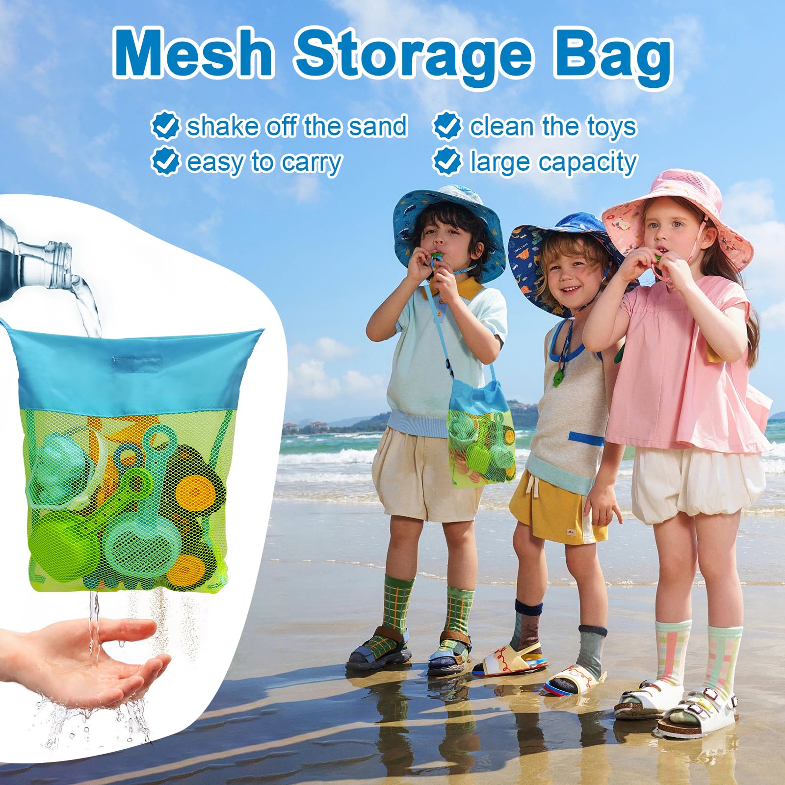 Qingning Juguetes Playa Juguetes de Arena para Niños- 22 Piezas, Juguetes para la Arena con Cubo Plegable, Excavadora, Bulldozer, Pala y Moldes, Bolsa de Malla, Kit de Juegos de Playa al Aire Libre