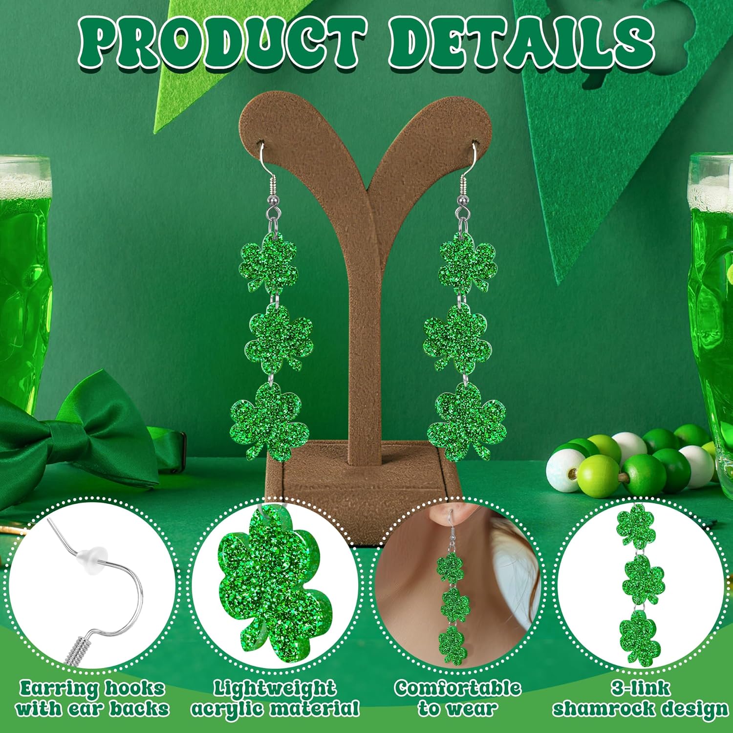 St Patricks Day Earrings, Acrylic St Patricks Day Accessories for Women, Green Irish earrings for Festival Good Luck Gift - Image 3