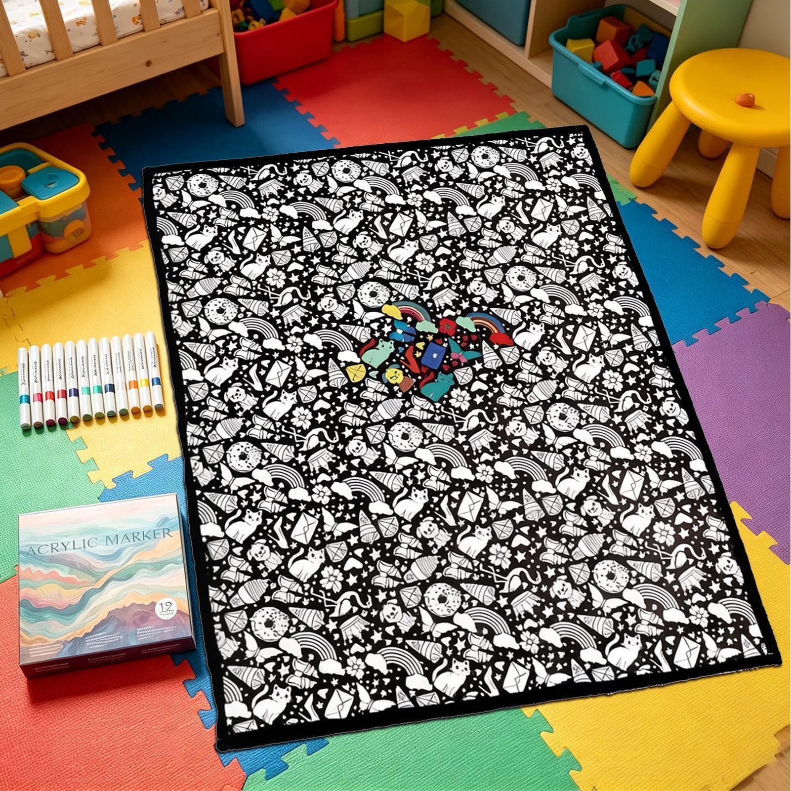 Maldecke, DIY-Decke Zum Ausmalen, 150X115Cm, Mit 24 Stiften, Dünner Samt, Waschbar, Kreatives Personalisiertes Zeichenkunstprojekt, Doodle-Basteldekoration Für Zuhause, Schlafzimmer, Klassenzimmer