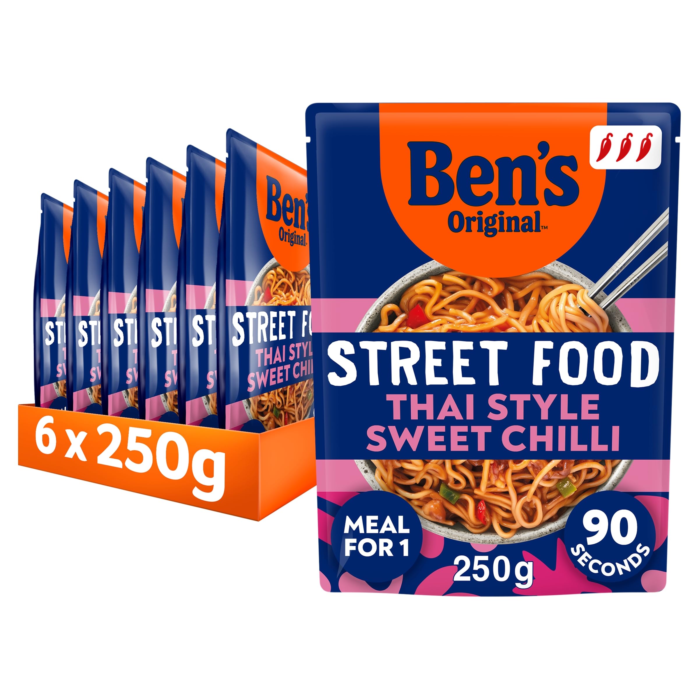 Ben's Original Street Food Thai Style Sweet Chilli ready in 90 seconds Noodles Ready Meal serves 1 multipack 6 x 250g