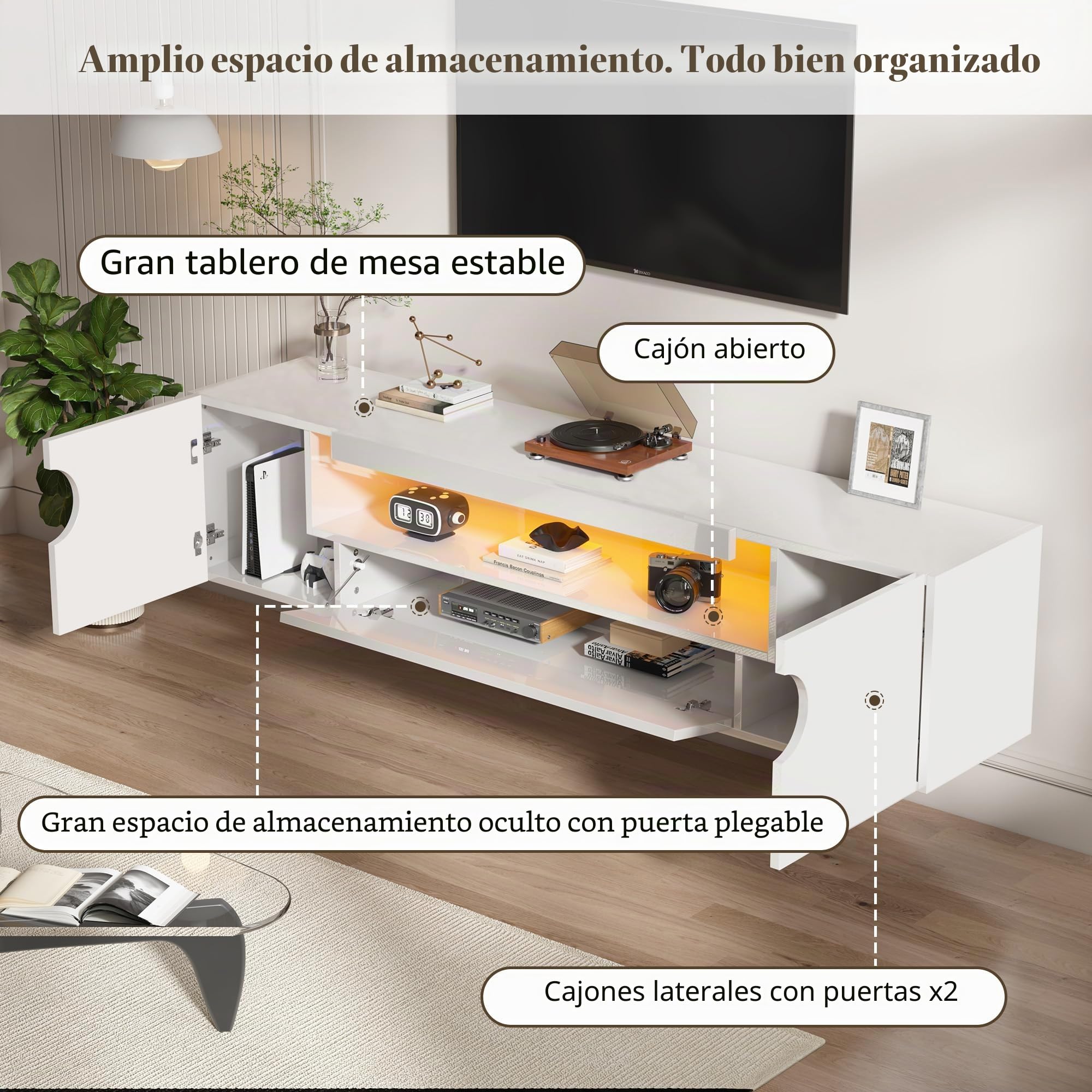 LUXOAK Mueble bajo para TV de 160 cm, color blanco brillante con iluminación LED RGB, mueble flotante para televisores de 55 a 75 pulgadas, montaje en pared con espacio de almacenamiento y guía de