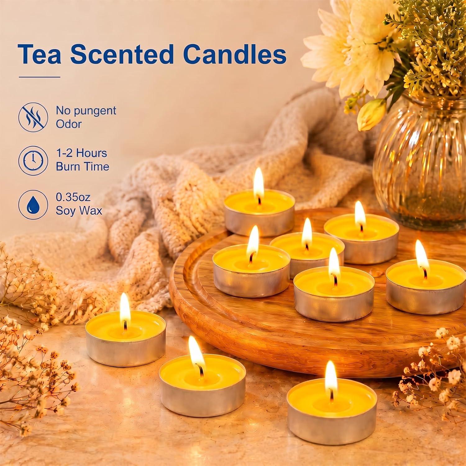 50 Pack Mini Tealight Candles, Yellow Tea Lights, 1.38 x 0.39 in
