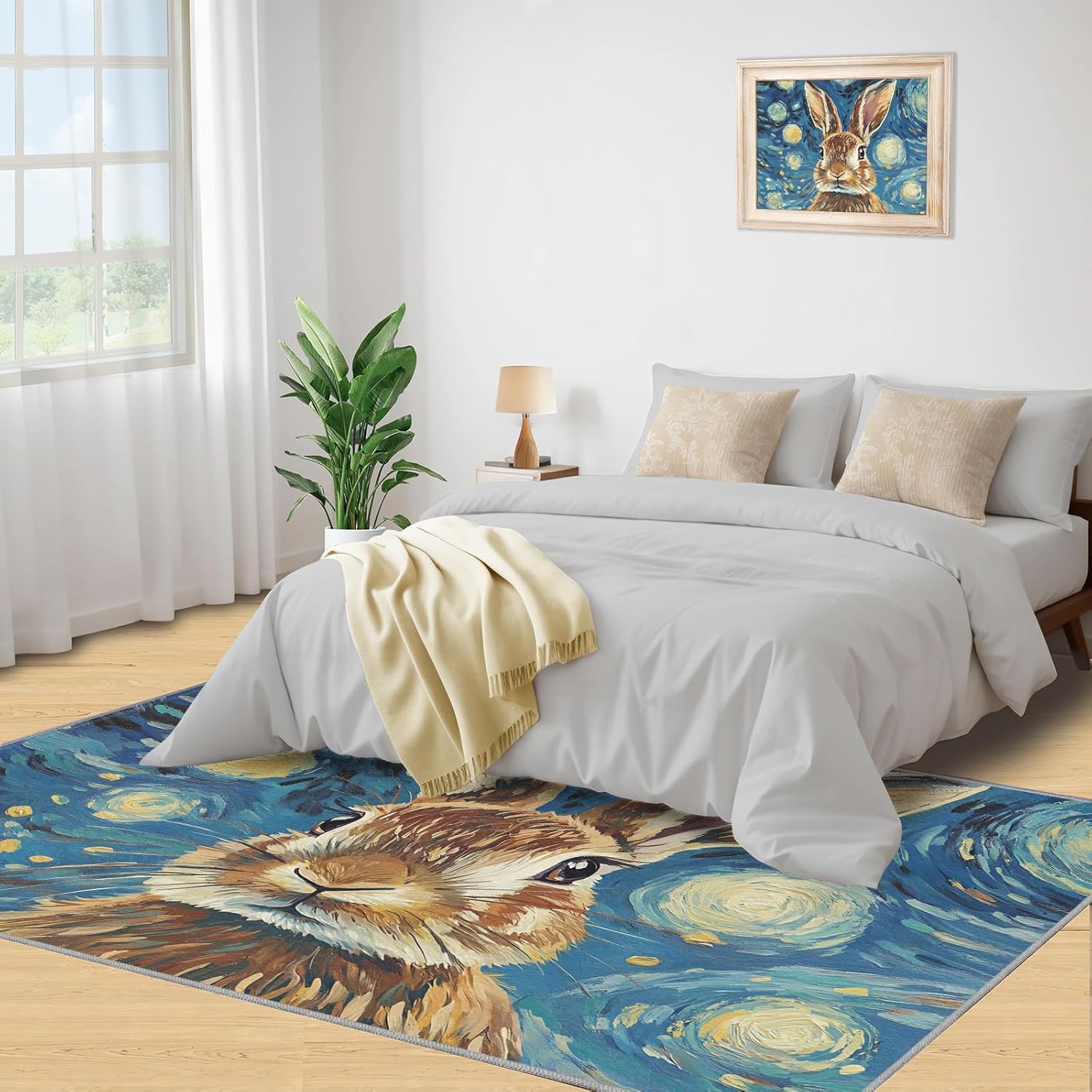 2x3 Rug - Rabbit Print Doormat Outdoor Entrance, Impressionist Wildlife Art Laundry Room Carpet Non Slip Accent Throw Rugs for Bathroom Kitchen Sink Front Door