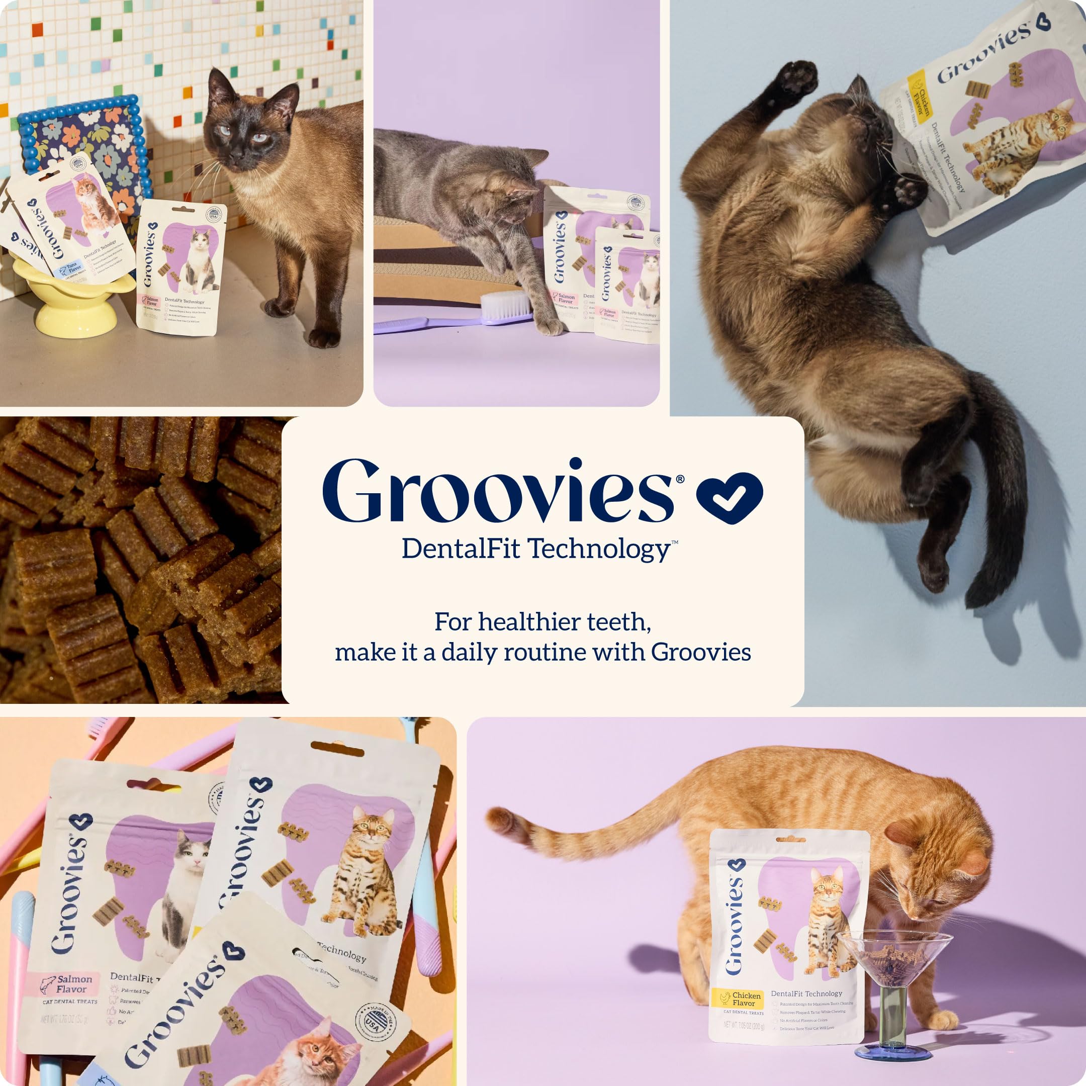 Groovies Cat Daily Dental Treats. Tasty, Crunchy Bites Cats Love. Salmon Flavor. Powered by USA-Patented DentalFit Technology. No Added Gluten, No Artificial Flavors or Colors. 1.76oz (115 Treats) - image 7