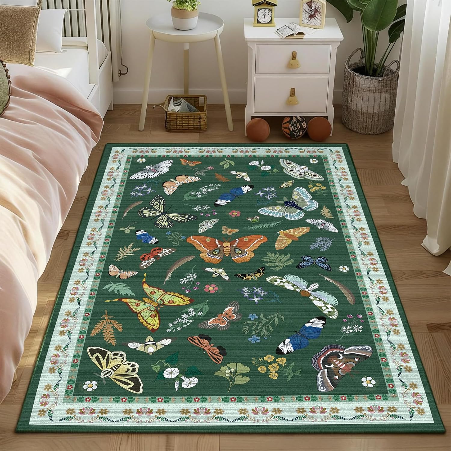 Insect Floral Rug 3×5, Soft Washable Non-Slip Green Area Rug for Entryway, Kitchen, Bedroom，Bathroom, Low-Pile Indoor Mat Small Accent Carpet for Living Room, Nature-Inspired Home Decor