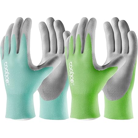 COOLJOB 6 Pairs Gardening Gloves for Women and Men, Ultra-thin PU Coated Garden Yard Gloves, Breathable Anti-slip Work Gloves with Grip for Workers, Gardeners, Green & Blue, Medium Size