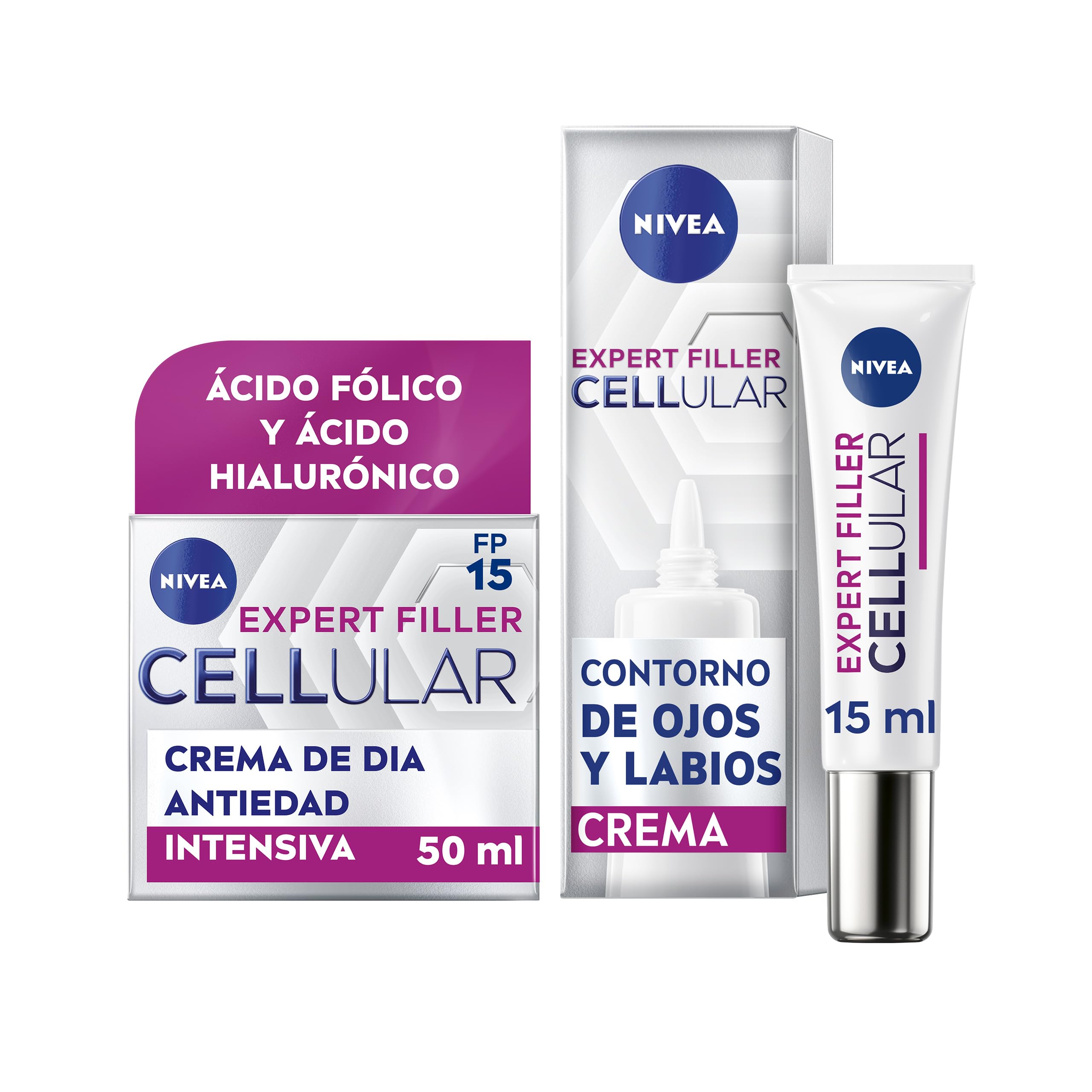 NIVEA Hyaluron Cellular Expert Filler Crema de Día FP15 (1 x 50 ml) + NIVEA Hyaluron Cellular Expert Filler Contorno de Ojos, Labios (1 x 15 ml) con Ácido Hialurónico y Ácido Fólico Efecto Rellenador