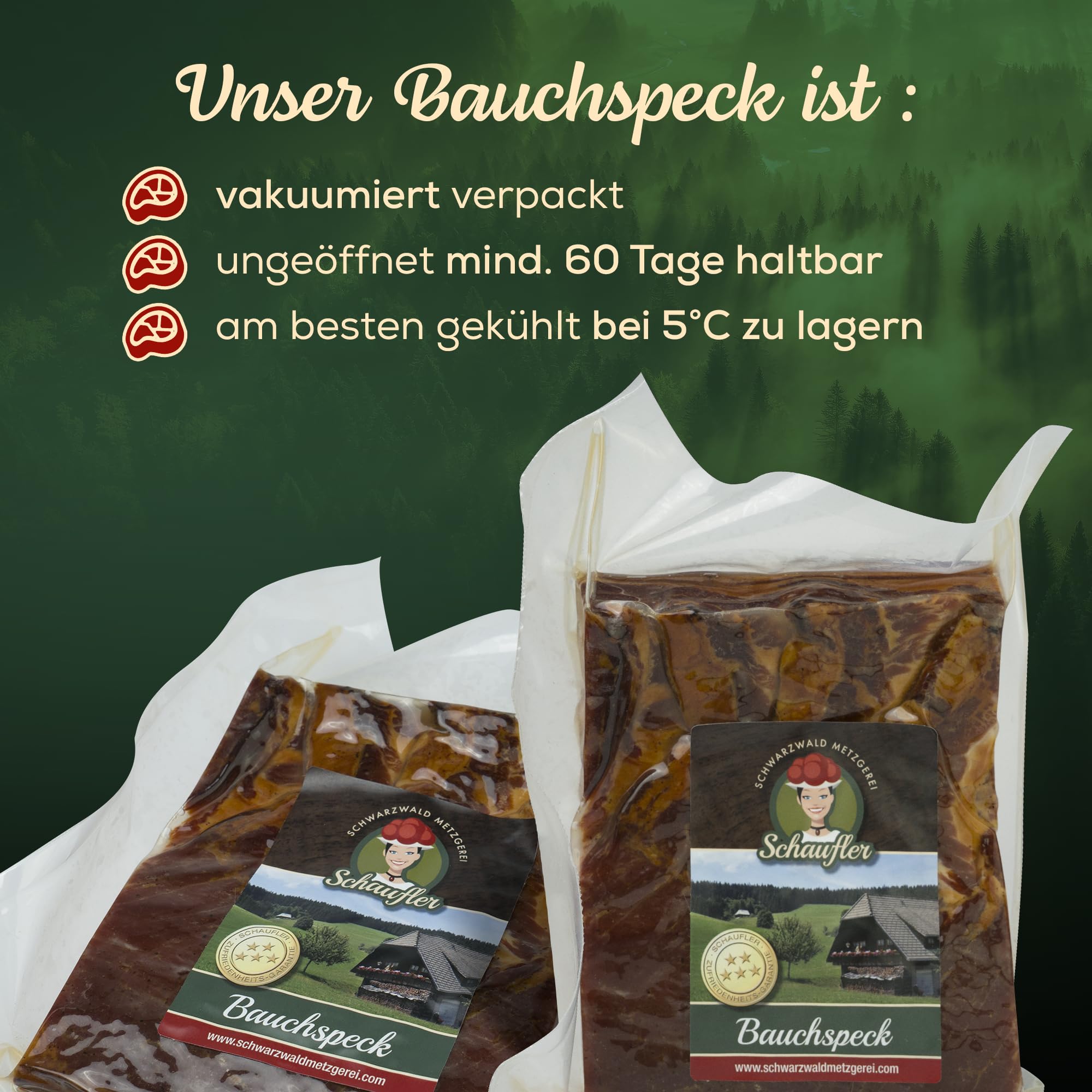 Schwarzwald Metzgerei – Schwarzwälder Bauchspeck am Stück mit herzhaft rauchigem Aroma – 2 x 500g Speck vom Bauch für Salate, Rührei, grüne Bohnen, Carbonara u.v.m.