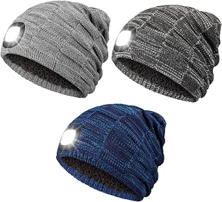 3 Pieces Unisex Beanie Hat with Light, USB Rechargeable Caps, 4 LED Headlamp Cap Winter Knitted Night LED Hat Flashlight Gifts for Dad Father Men Women Outdoor Sports, Blue, Black, Gray