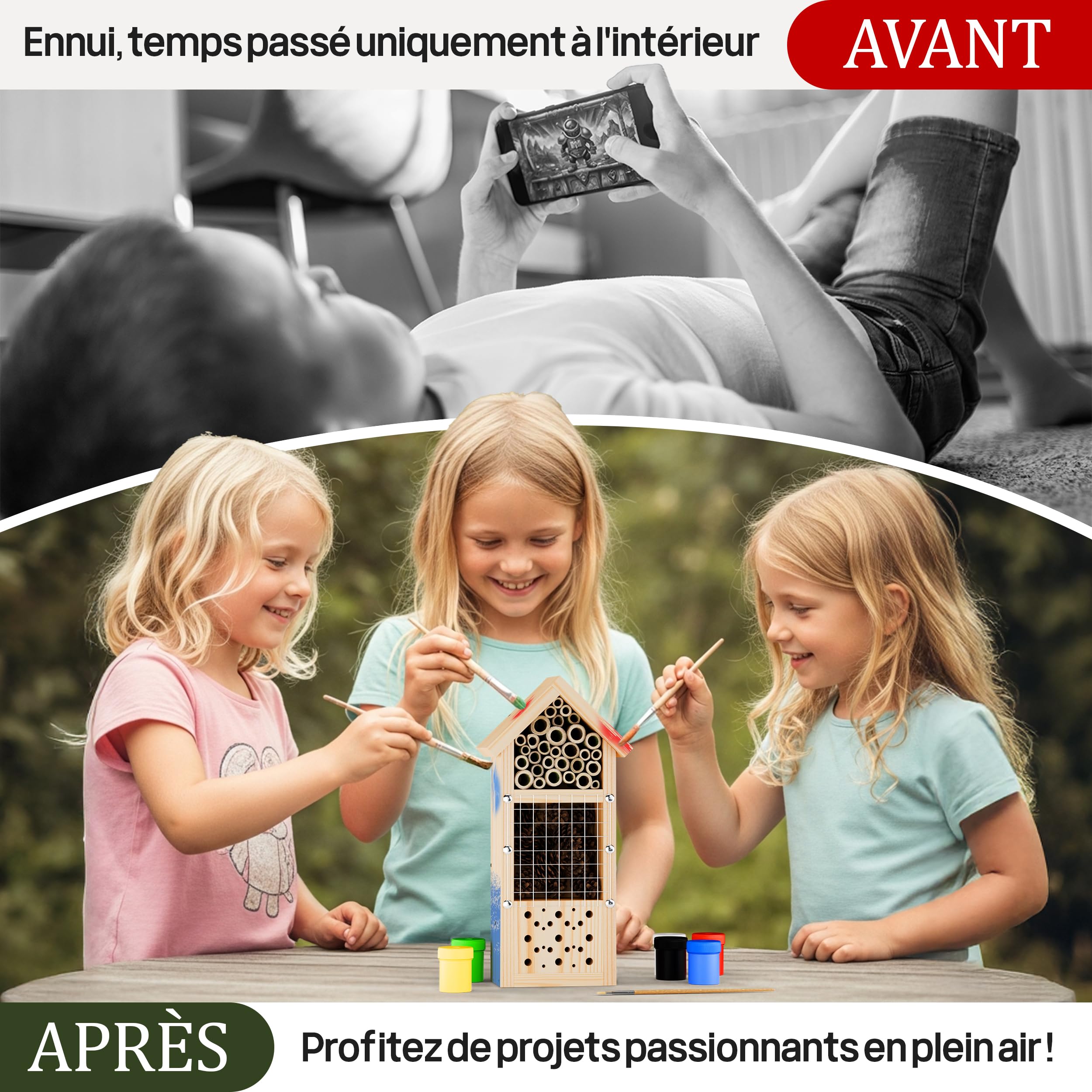 Eli Kit de construction d'hôtel à insectes pour enfants en bois de pin à peindre – Comprend 6 couleurs – Brosse – Marteau – Clous – Pochoirs et modèles – Maison d'abeille et hôtel pour jardin et