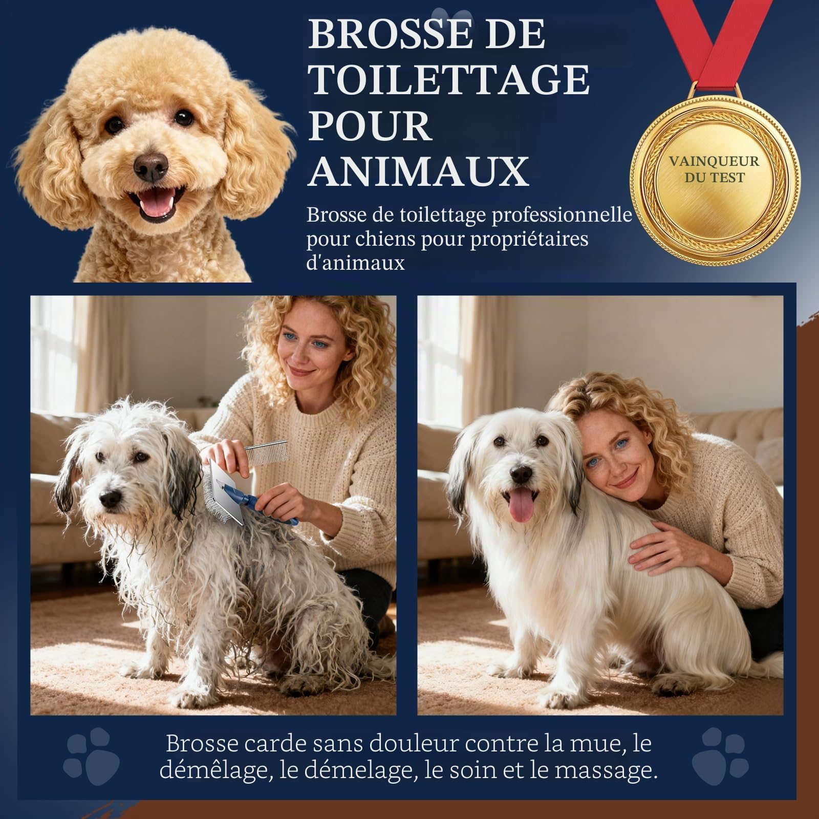Brosse Slicker Douce pour Chien avec Pins à Billes Protectrices – Démêlage & Élimination du Sous-Poil pour Chiens et Chats – Brosse de Massage Apaisante pour Peaux Sensibles, Goldendoodle & Caniche