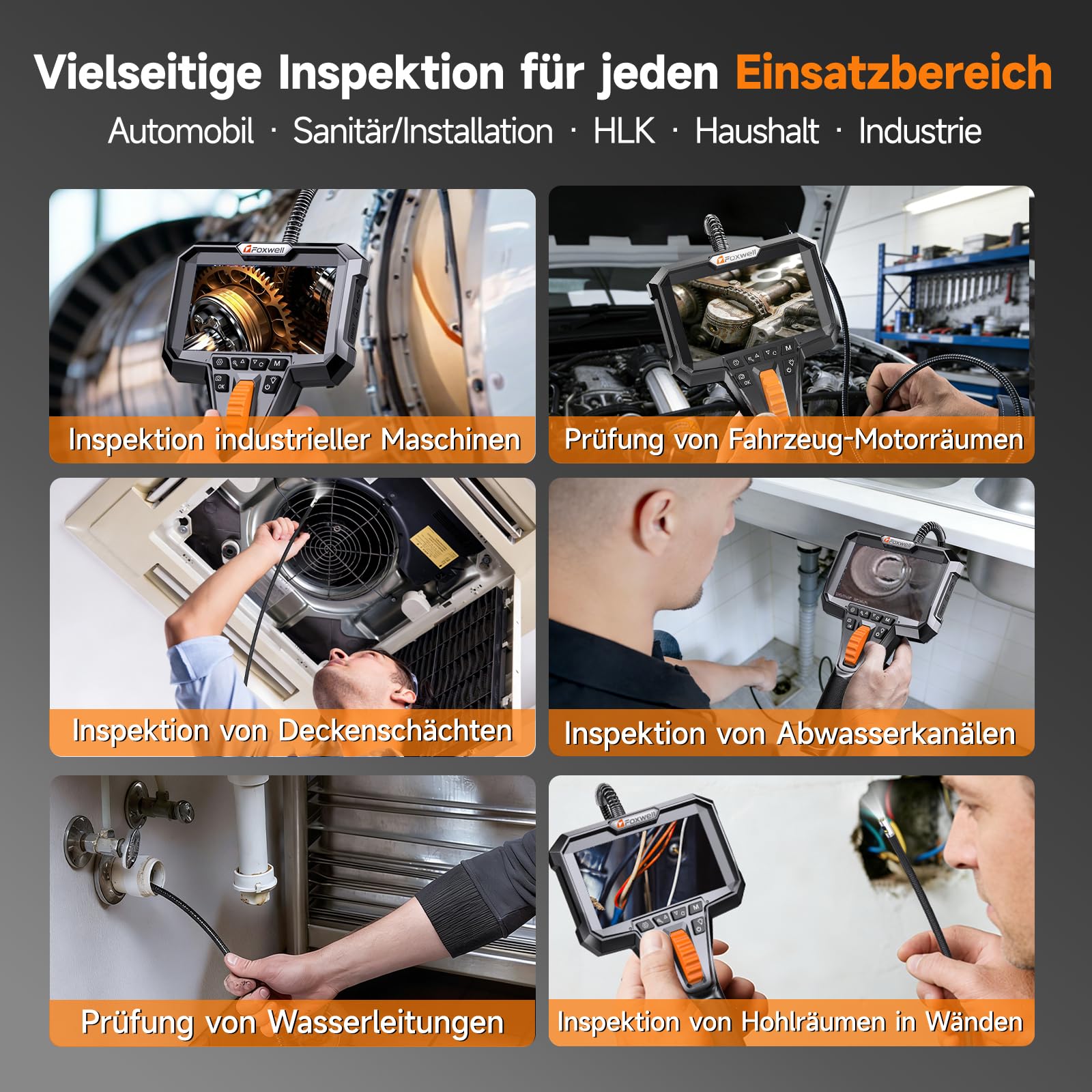 FOXWELL Dual Lens 220° Drehbar Endoskopkamera mit Licht, 3m 1080P Endoskop | IP67 Wasserdichtes Inspektionskamera, 7 LEDs, 32GB Karte, 3m Schwanenhals Endoskopkamera Beweglicher Kopf, 1080P HD Video