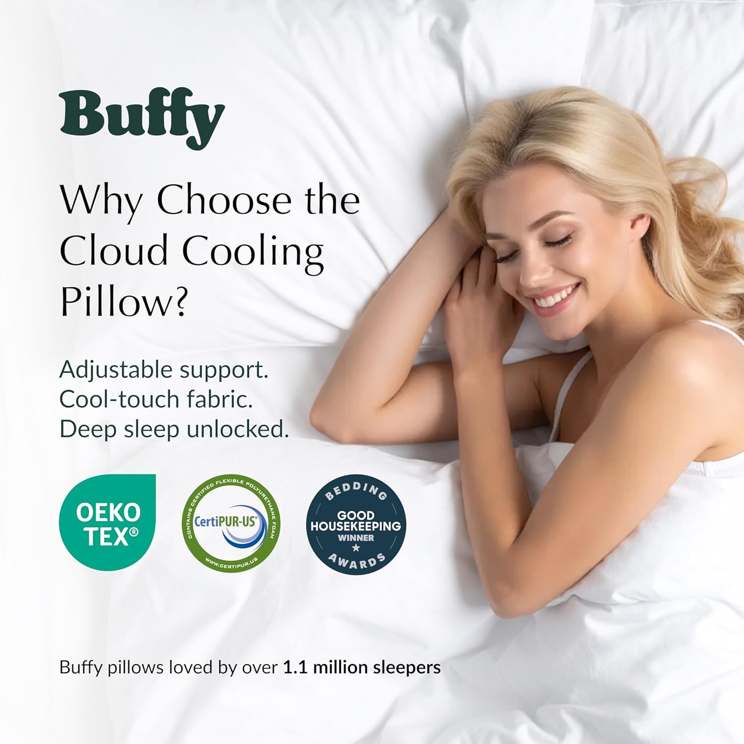 Buffy Cloud Cooling Pillow, 2nd Gen Adjustable Foam Pillow, Ice Cold All Night, CertiPUR-US® Certified, Washable Cover, Standard & King Sizes (Standard)