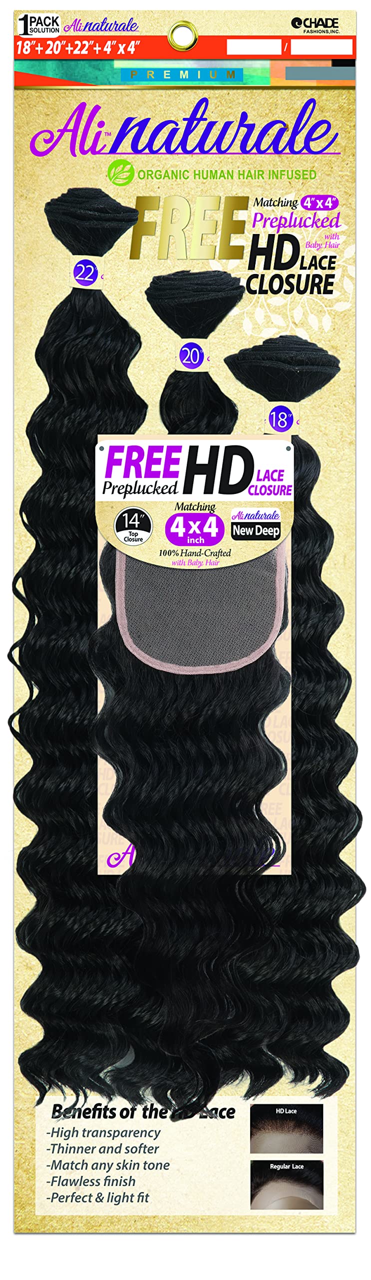 ChadeAli Naturale Human Hair Blended Weave 18''/20''/22'' + HD 4X4 Closure - AN344N5 NEW DEEP (1B) 1B Off Black