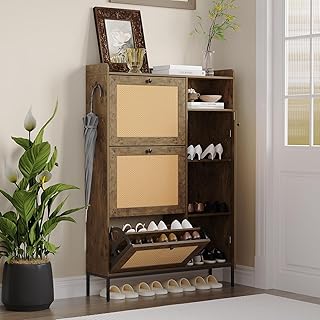 Rattan Shoe Cabinet, Narrow Freestanding Shoe Organizer with 3 Flip-Drawers & 4 Adjustable Shelves, Shoe Storage Cabinet for Entryway, Hallway and Closet Storage, Tree Pomegranate