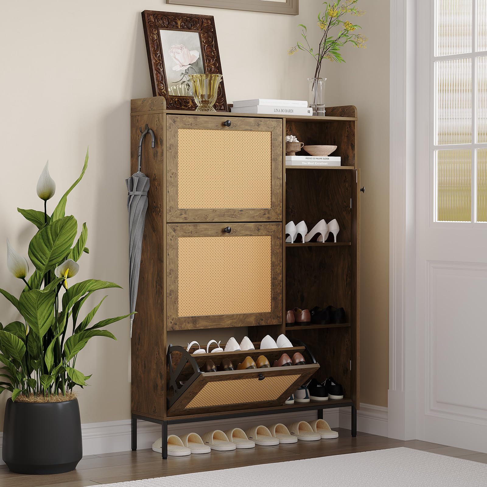 Shoe Cabinet Rattan with 3 Flip Drawers and 4-Tier Shoe Storage Cabinet, Freestanding Shoe Organizer with Adjustable Shelves for Entryway, Closet, Hallway,Chestnut