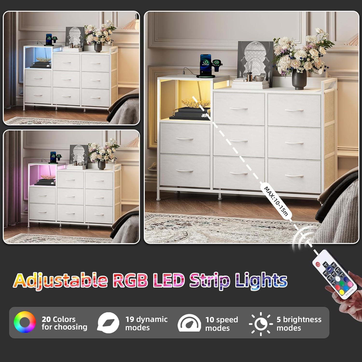 Somdot White Dresser for Bedroom with 8 Drawers, Wide Fabric Night Stand for Storage and Organization with Fabric Bins, Chest of Drawers for Bedroom Chest of Drawers for Living Room Entryway