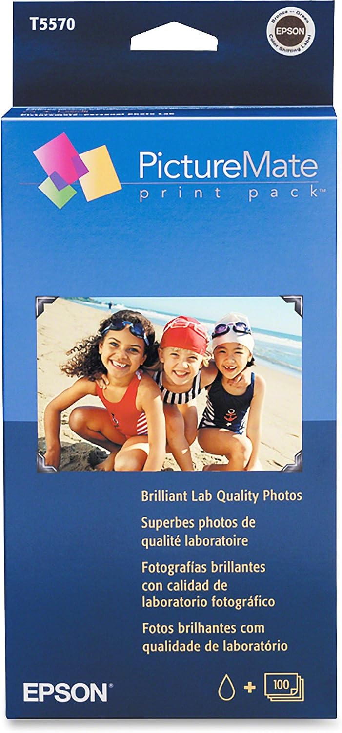 Epson PictureMate Print Pack Inkjet Cartridge, 100 Sheets Glossy Photo Paper T5570