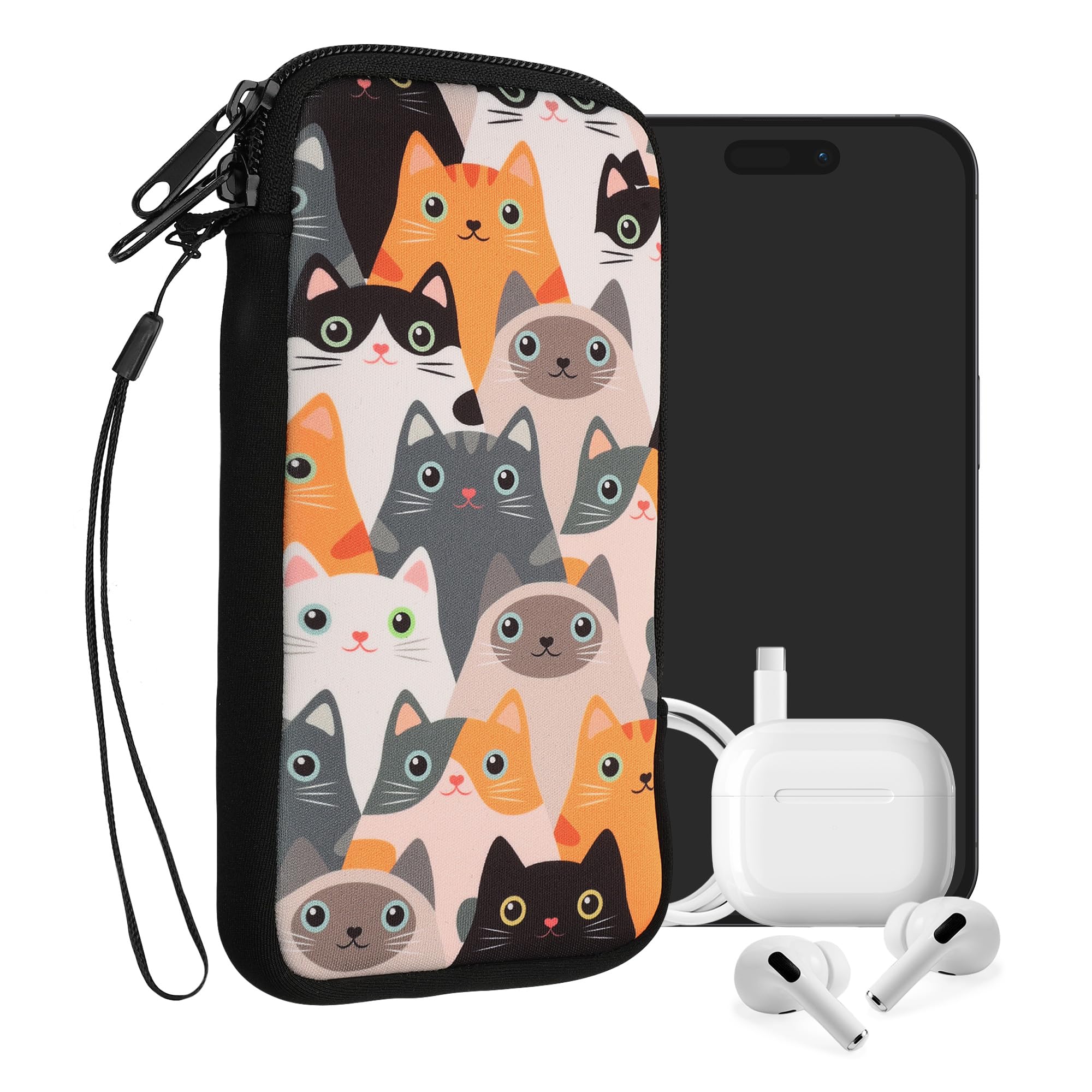 kwmobile Custodia in neoprene con zip per smartphone XL - 6,7/6,8" - Astuccio portacellulare a sacchetto con cerniera - Borsa verticale - Gatti arancione/nero/bianco