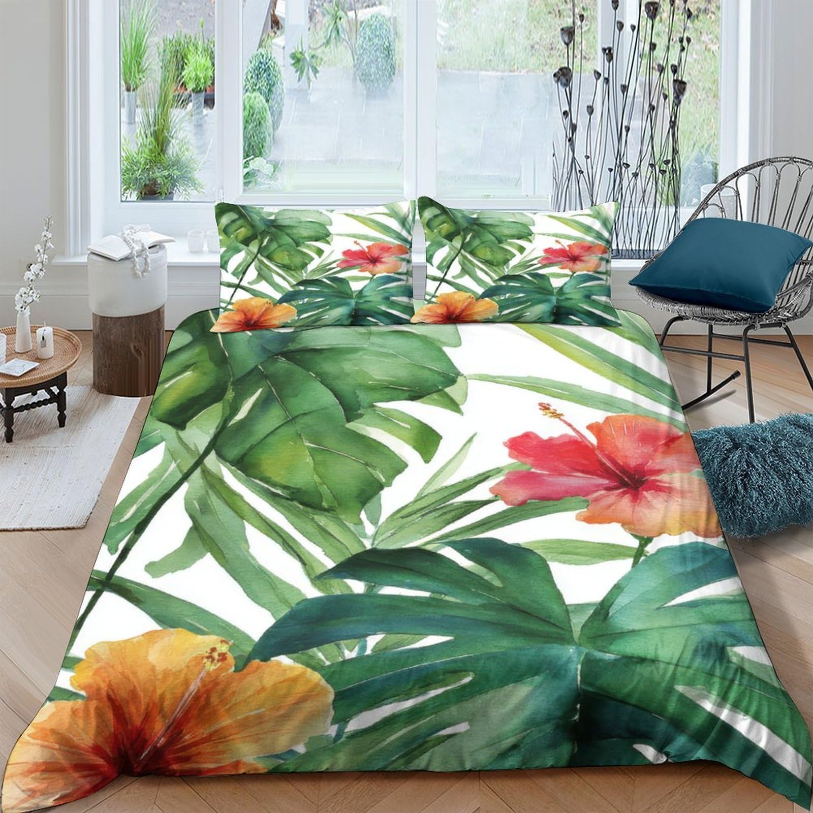TUFRTGYHN 3D Printed Tropical Leaf Duvet Cover Microfiber Soft Breathable Floral Bedding Set with 2 Pillowcases for Bedroom Decor Single（135x200cm）